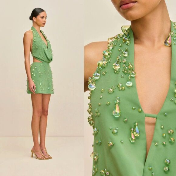 Cult Gaia Issey Cowl Neck Glass Beaded Mini Dress Calla Lily Green Size Medium - Picture 8 of 8